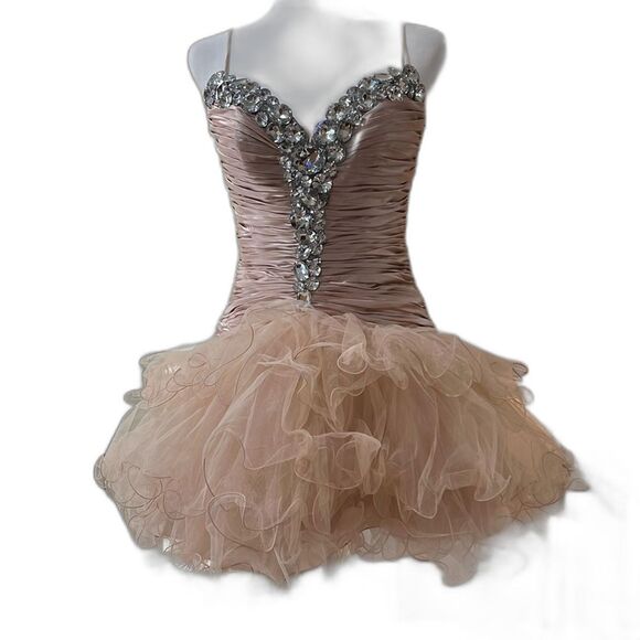 Sherri Hill Beaded Tulle Mini Dress Nude Taupe Rhinestone Corset Size 8 Glam - Picture 2 of 16